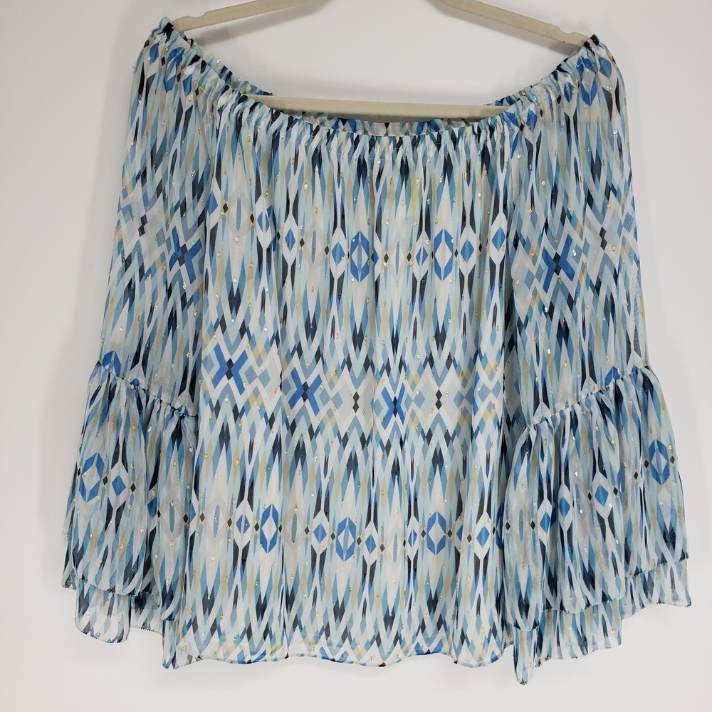 White House Black Market Geometric Off Shoulder Blouse Women L Blue Bell Sleeve